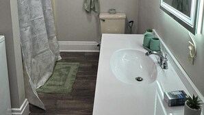 A bathroom with a white sink, a mirror, a toilet, and a shower curtain. - Cozy 1-bedroom apartment in charming Shepherdsville with AC (Shepherdsville)