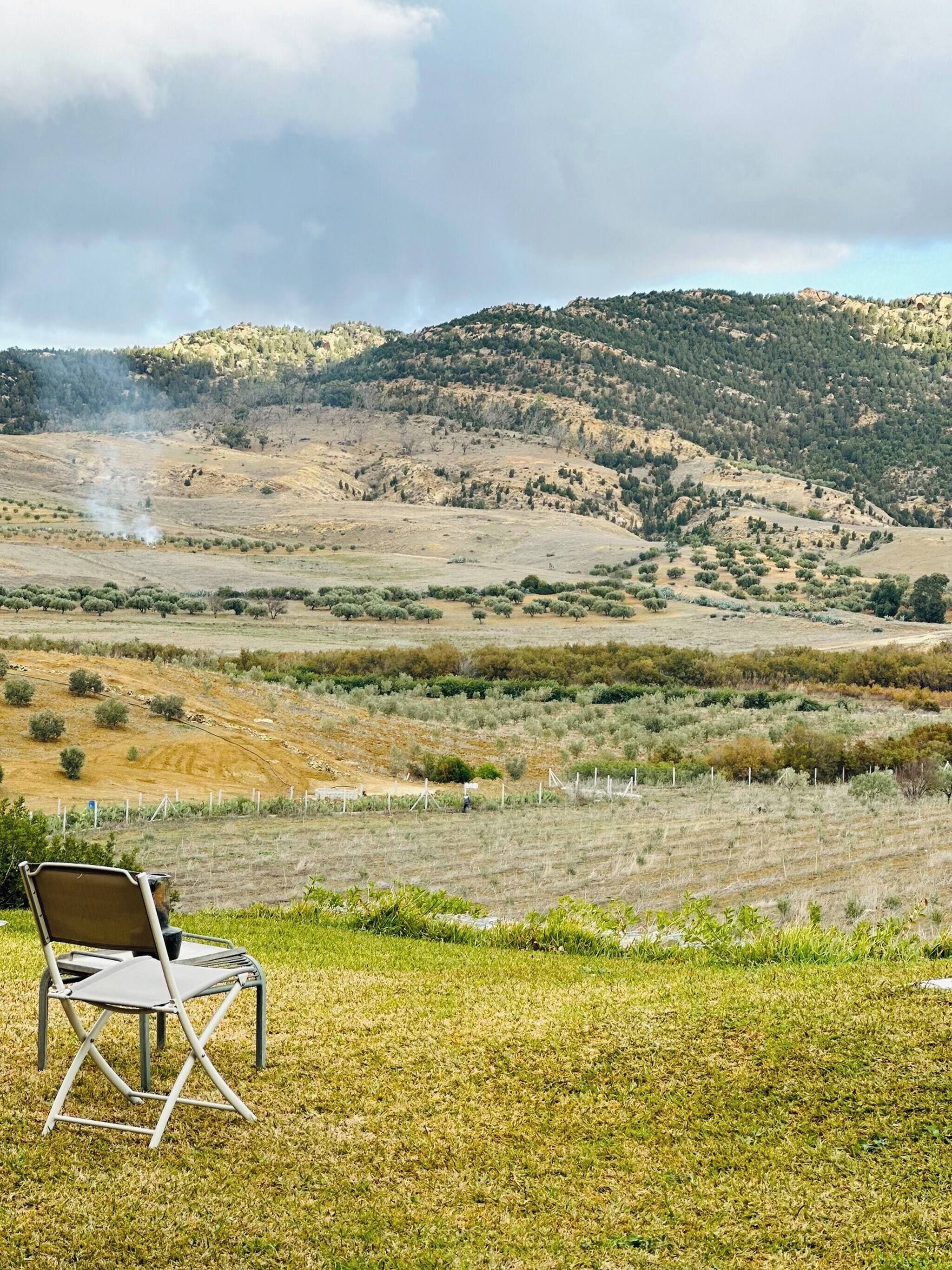A chair in a grassy field with a hilly landscape in the background.