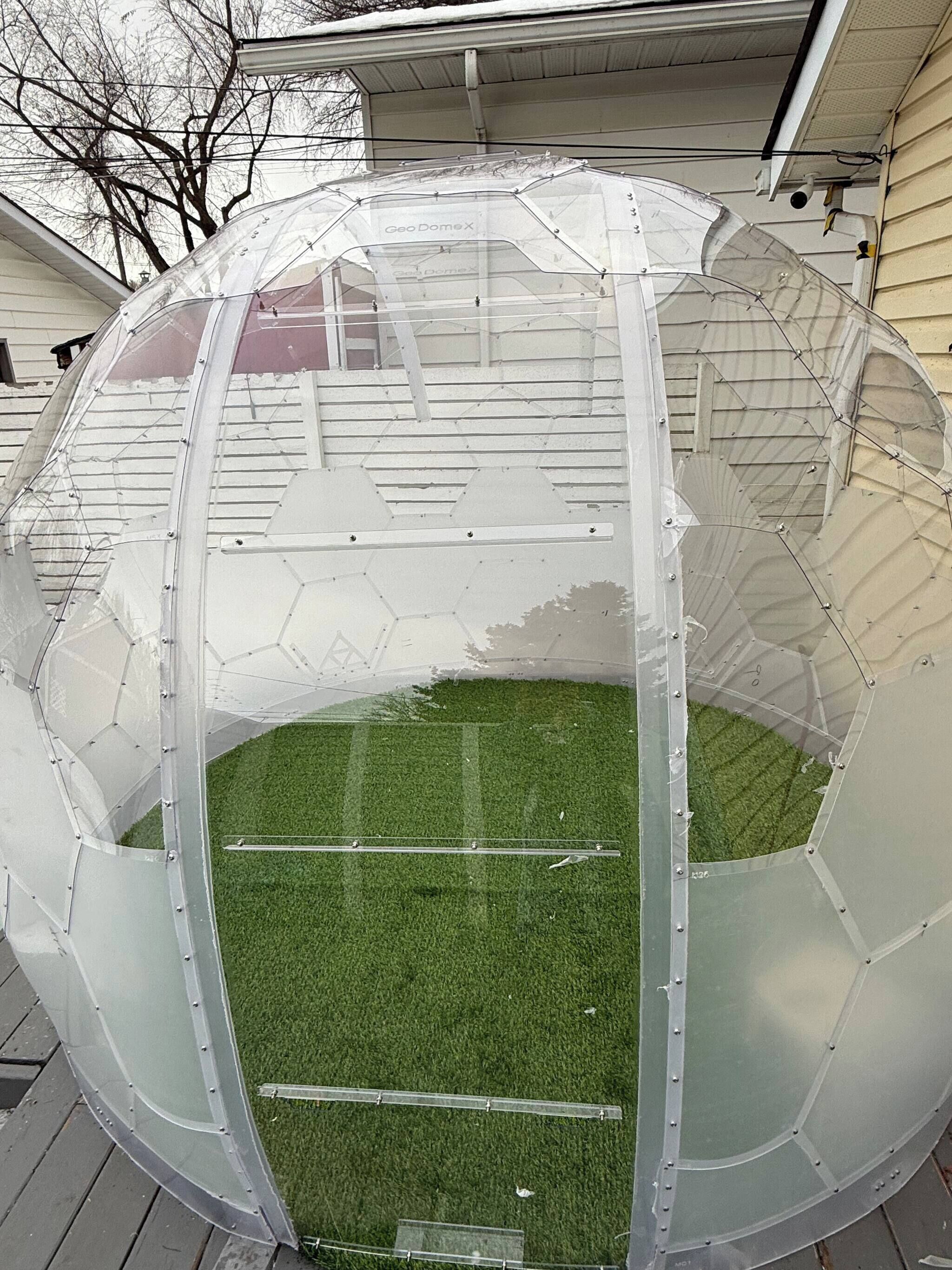 A transparent geodesic dome structure with a green artificial turf base, attached to a building.