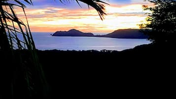 A coastal landscape with a sunset, palm trees, and distant islands.