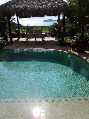 A clear pool with a thatched roof structure, lounge chairs, and potted plants. - Room-tranquil Poolside Retreat in Playa (Sardinal)