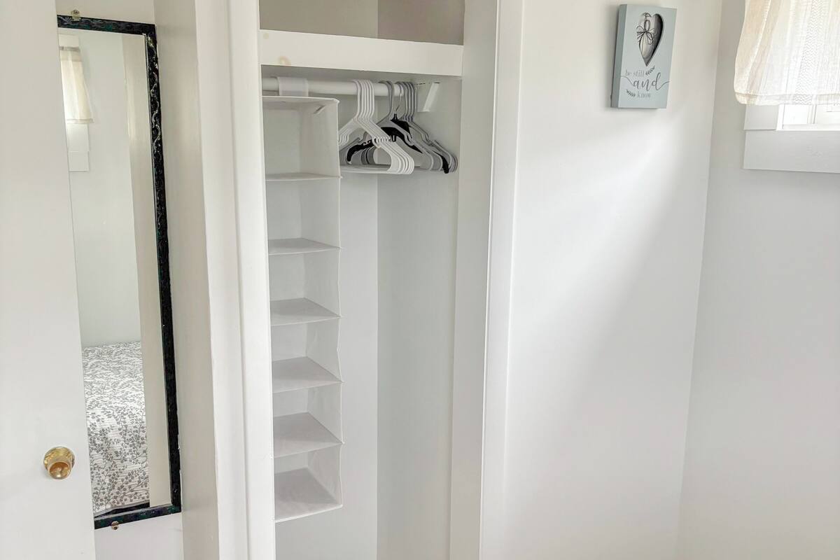 A room with a wooden floor, a white closet with shelves, a door with a mirror, and a framed picture on the wall.