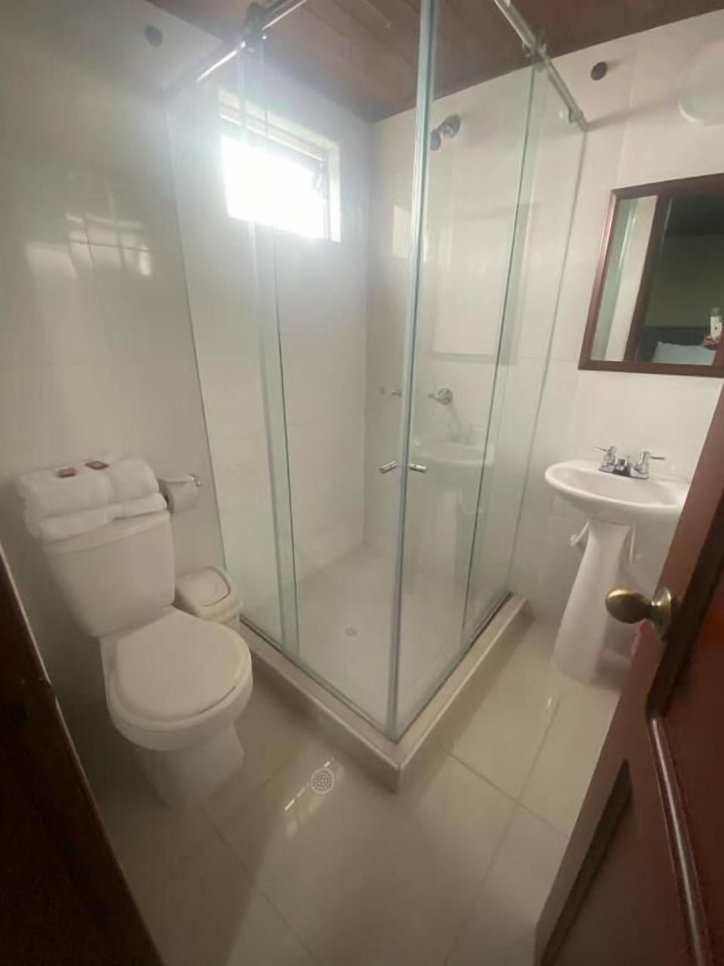 Een badkamer met een douche met glazen wand, toilet en wastafel.