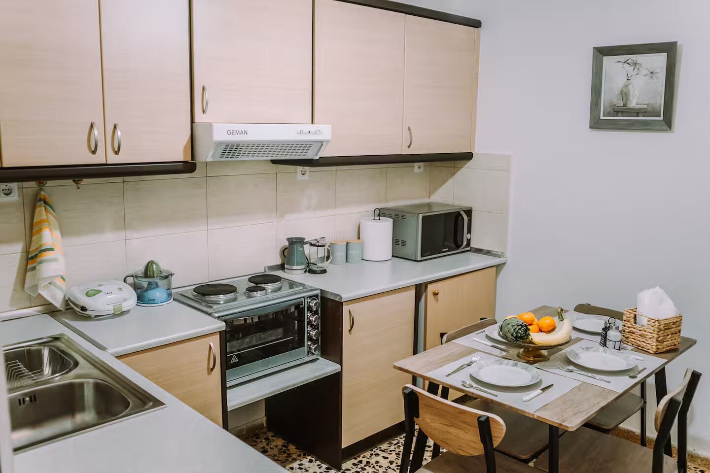 Fridge, microwave, oven, coffee/tea maker