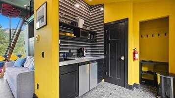 Fridge, microwave, stovetop, coffee/tea maker