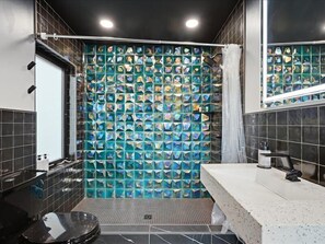 Shower, hair dryer, towels, shampoo
