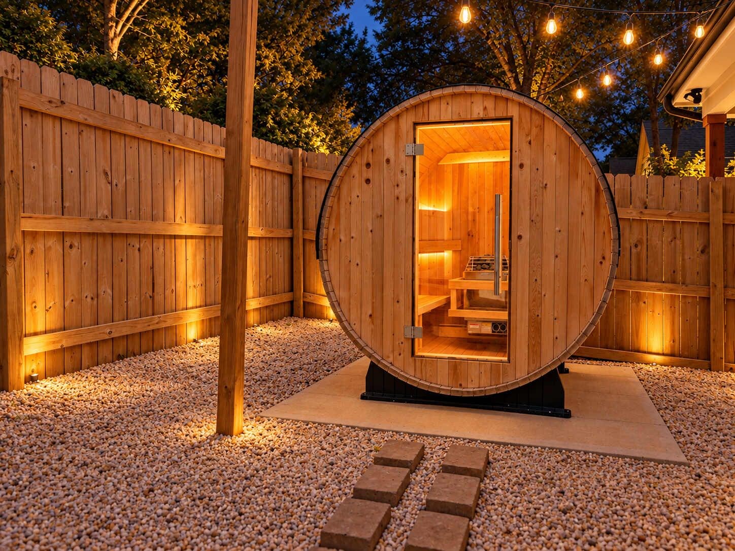 Een sauna met houten buitenkant en een ronde deur, omgeven door een houten hek en een grindpad.