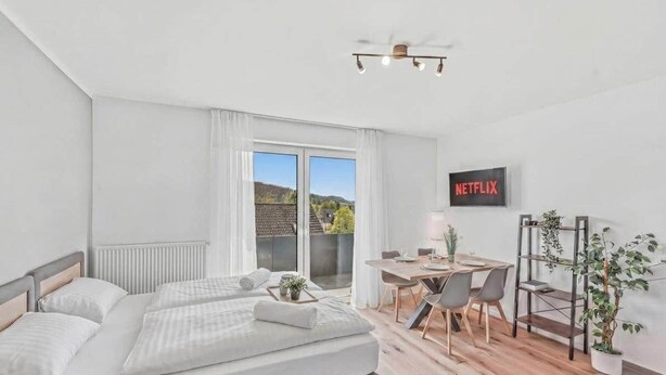 Habitación de hotel con cama, escritorio, una silla, una planta en maceta y un cartel de Netflix.