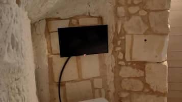 Une pièce avec un mur en pierre, un téléviseur à écran plat fixé au mur et une boîte électrique blanche.