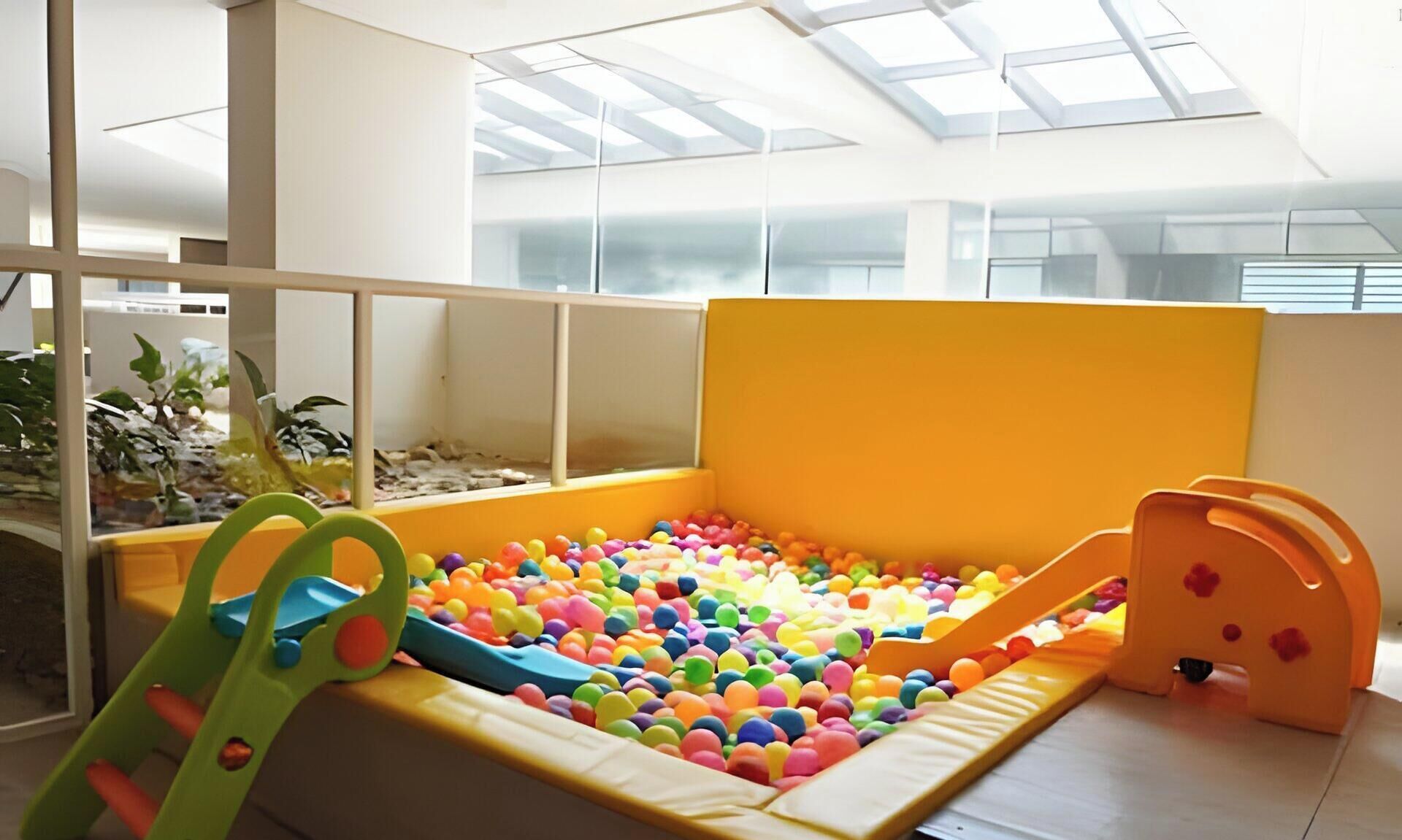 A play area with a ball pit, a slide, and a climbing structure.