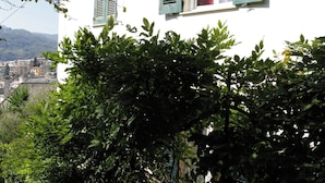 A building with a white facade, green shutters, and a view of a cityscape in the background. - Au Petit Bonheur Apart (Rapallo)