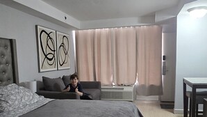 A modern hotel room with a large bed, a sofa, a desk, and a dog. - Cozy studio in a fantastic Daytona Beach location (Daytona Beach)