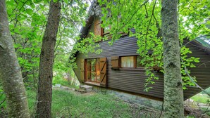 A cabin with a sloped roof, wooden exterior, and a glass door entrance. - Chalet with Mountain Views, Private Garden and Balcony (Seyne)