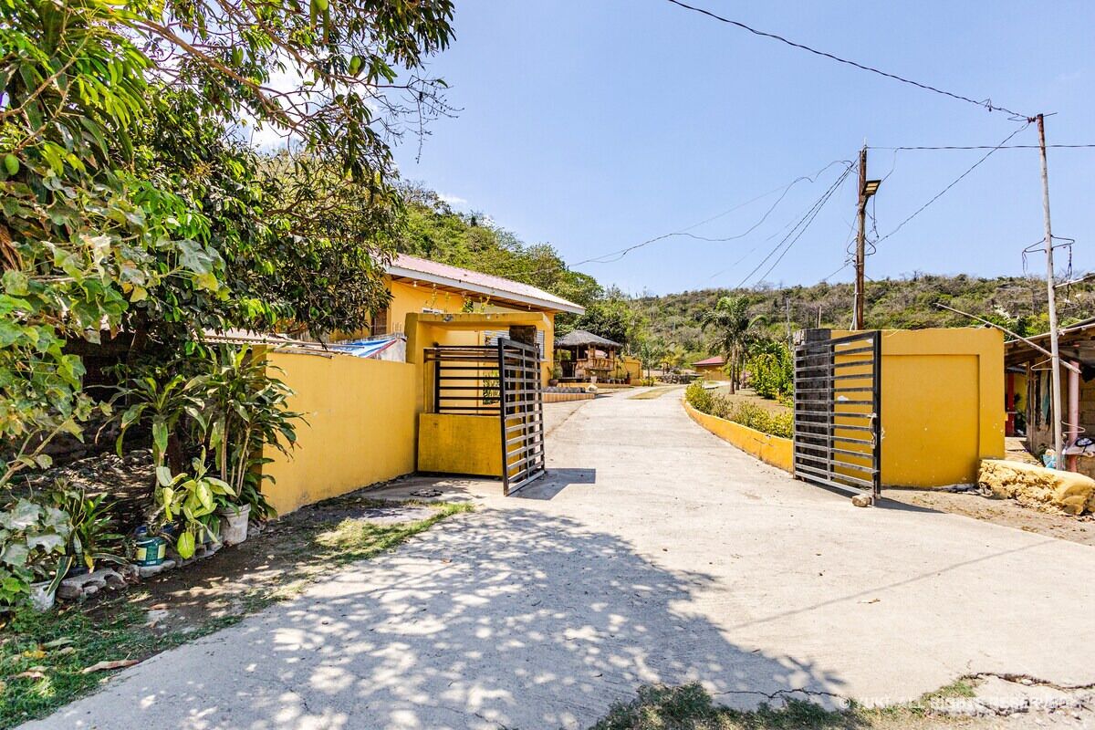 A gated entrance to a property with a yellow wall, a metal gate, and a pathway leading to a building.