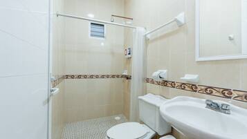Une salle de bain avec douche, toilettes et lavabo.
