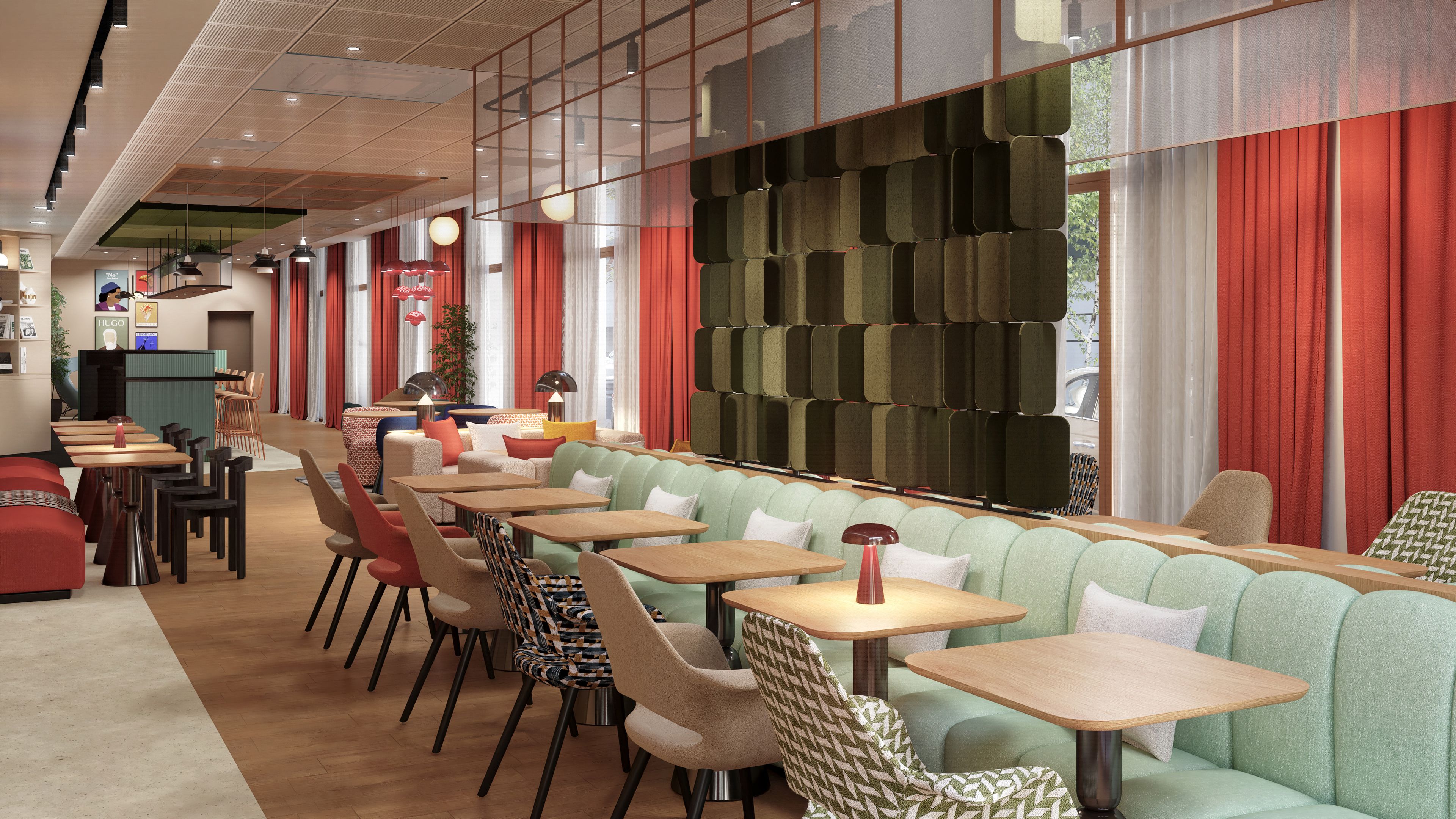 Un restaurante moderno con una barra larga, mesas en cabinas y diversas opciones de asientos.