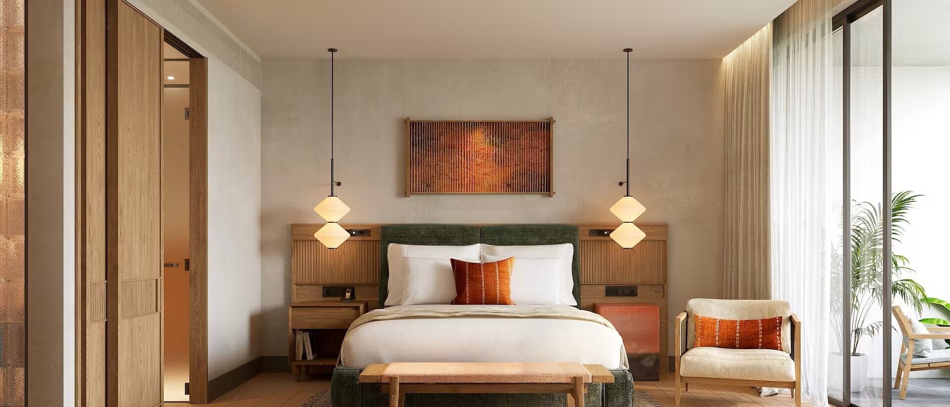 A hotel room with a large bed, two bedside tables, a chair, and a view of the outdoors.