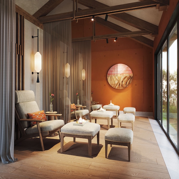 A modern interior with a large window, wooden furniture, and a decorative wall piece. - NHAAN Resort & Spa Hoi An, Tapestry Collection by Hilton (Hoi An)