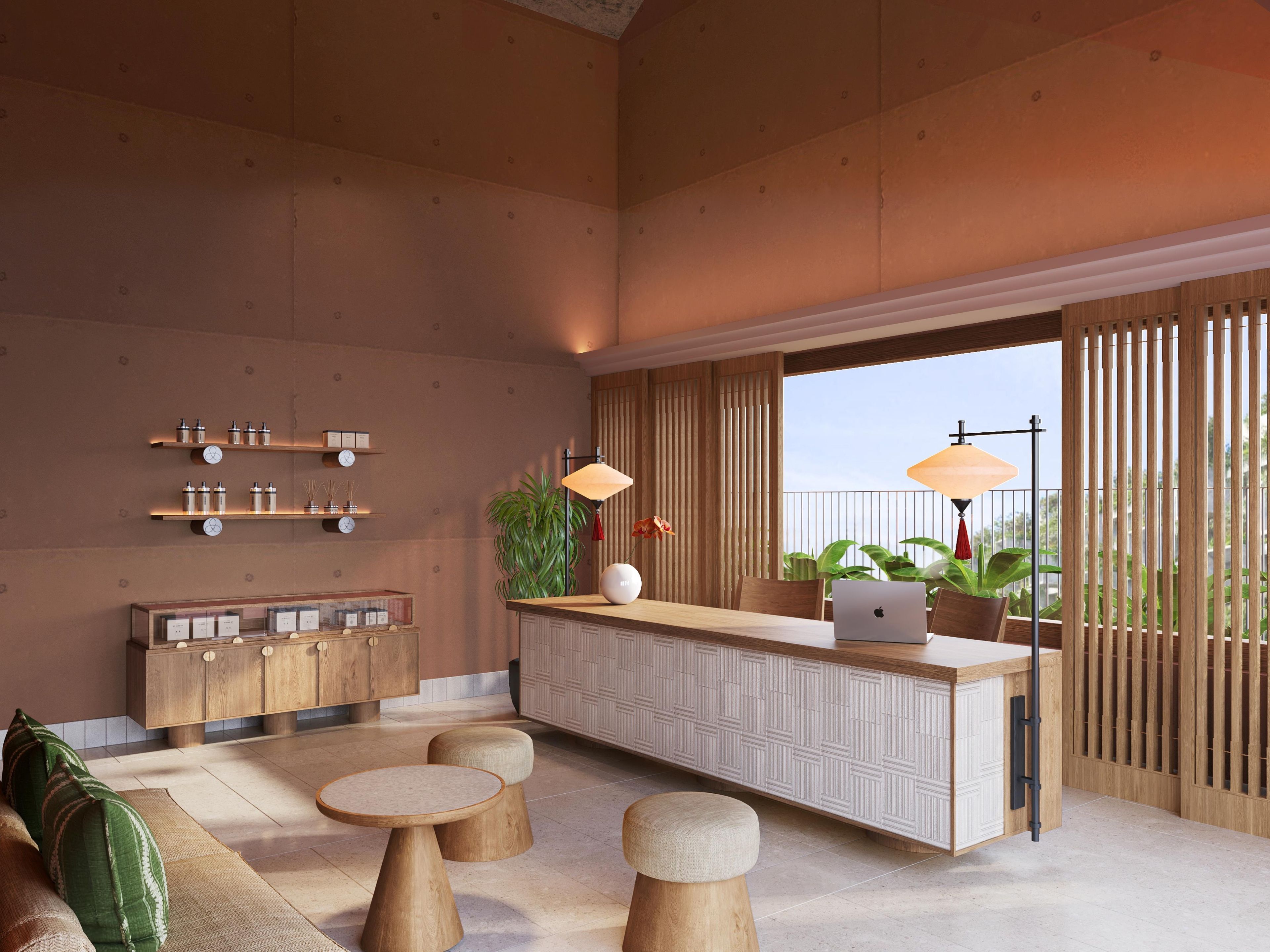 Una cocina moderna con armarios de madera, una isla central y un amplio ventanal.