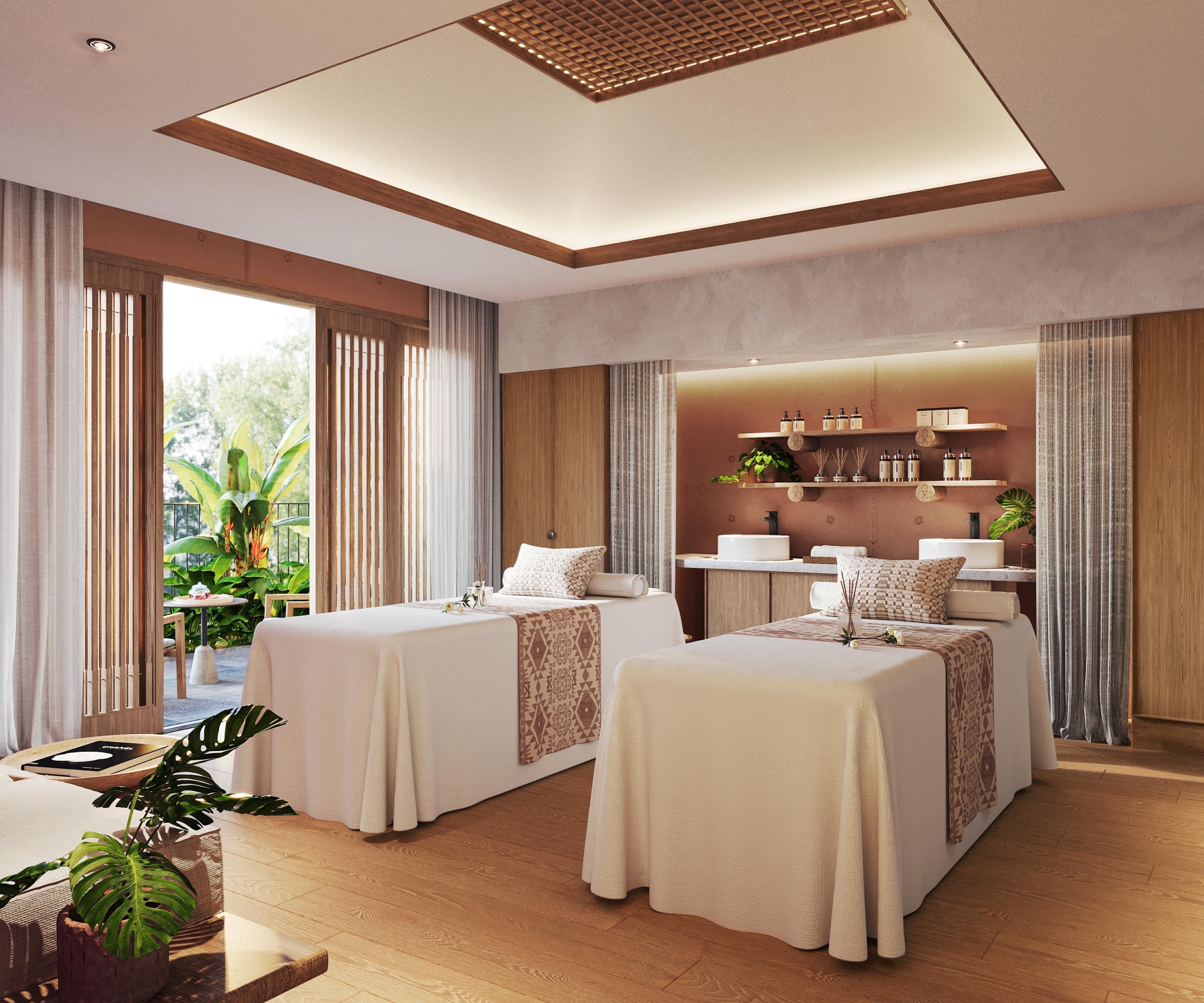A hotel room with two beds, a bathroom with shelves, and large windows.