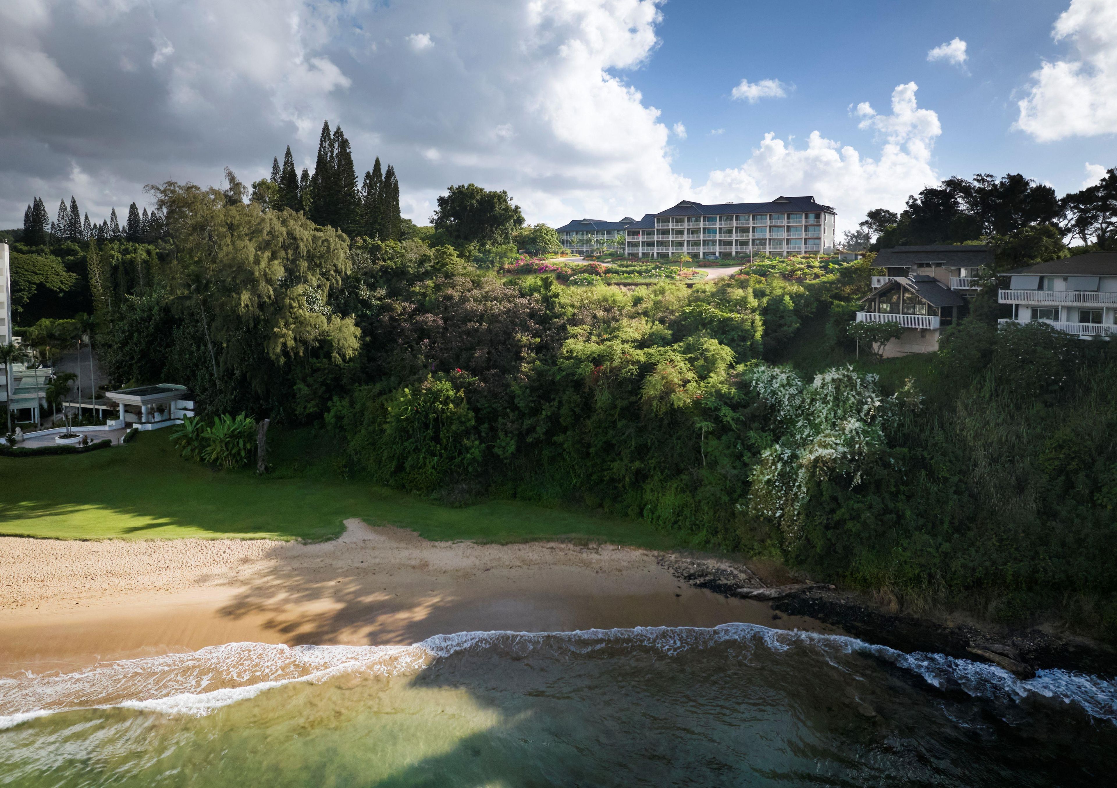A coastal hotel with a beachfront view, lush greenery, and a clear sky.