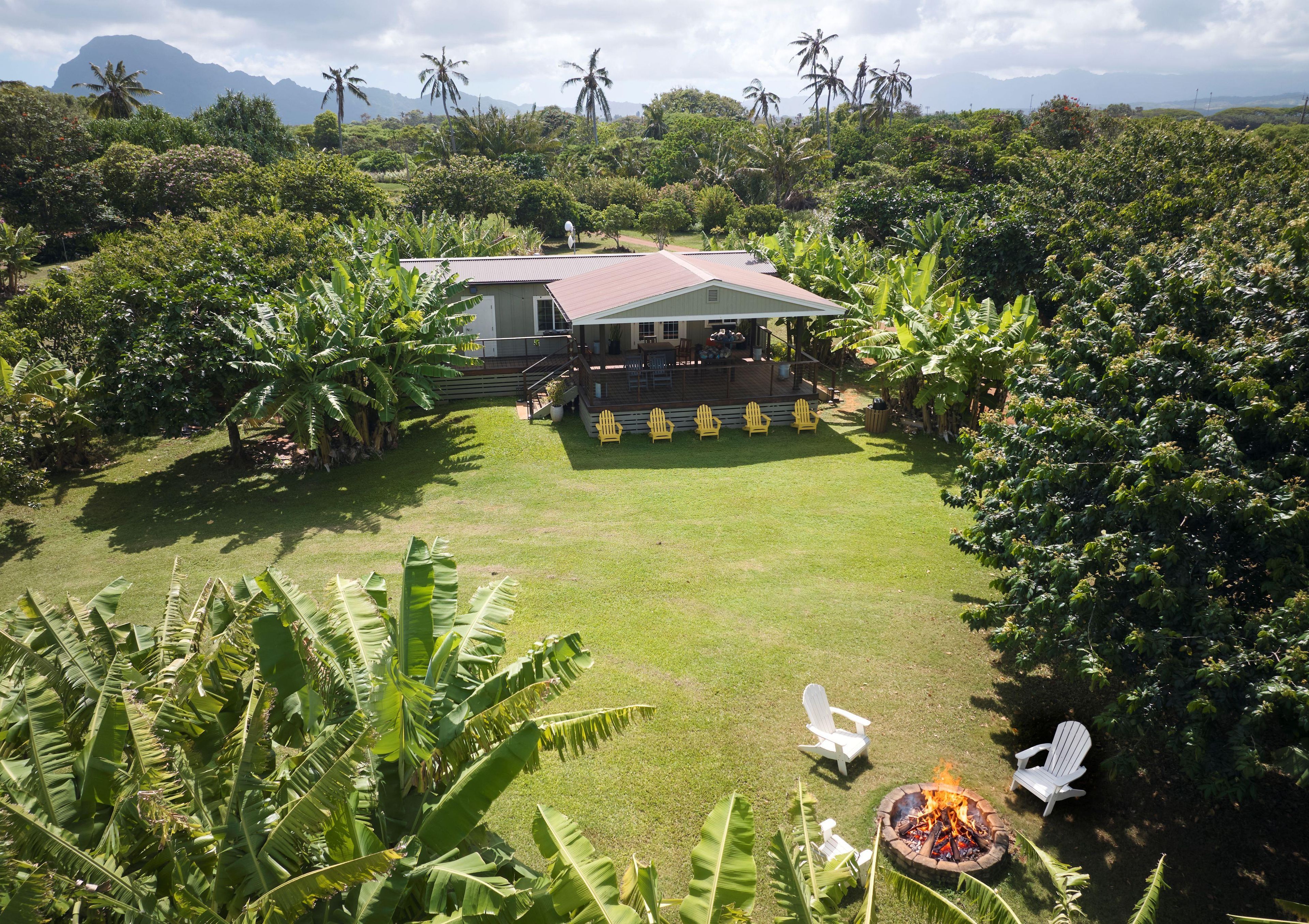 A house with a deck surrounded by lush greenery and a fire pit.