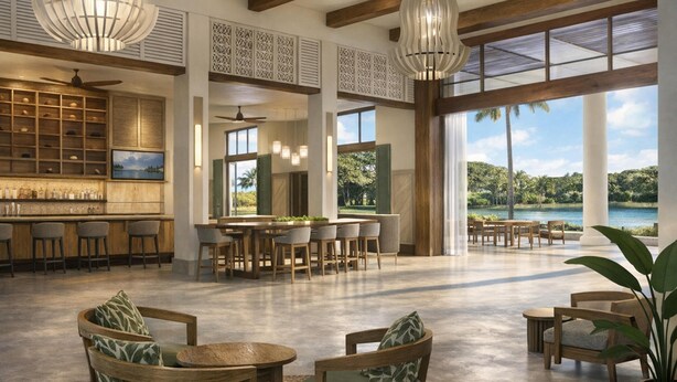 A spacious indoor area with a bar, seating, and large windows overlooking a natural landscape. - Hale Hokuala Kauai, Curio Collection By Hilton (Lihue)