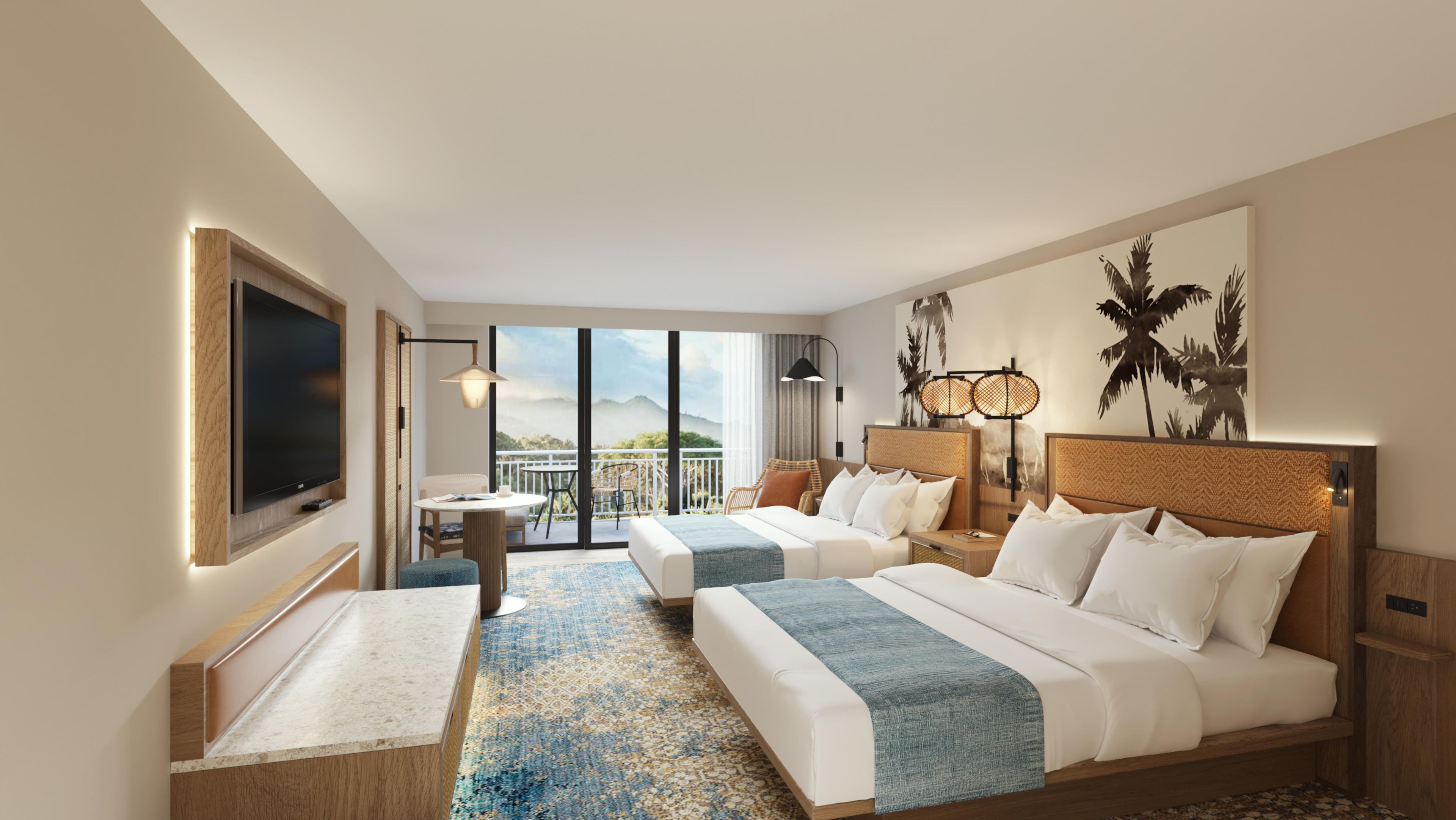 Habitación de hotel con dos camas, televisión, balcón con vistas y un ventanal grande.