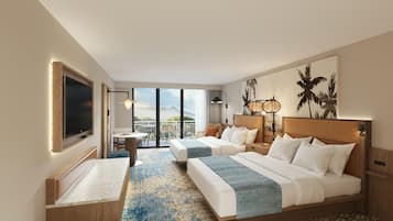 Habitación de hotel con dos camas, televisión, balcón con vistas y un ventanal grande.