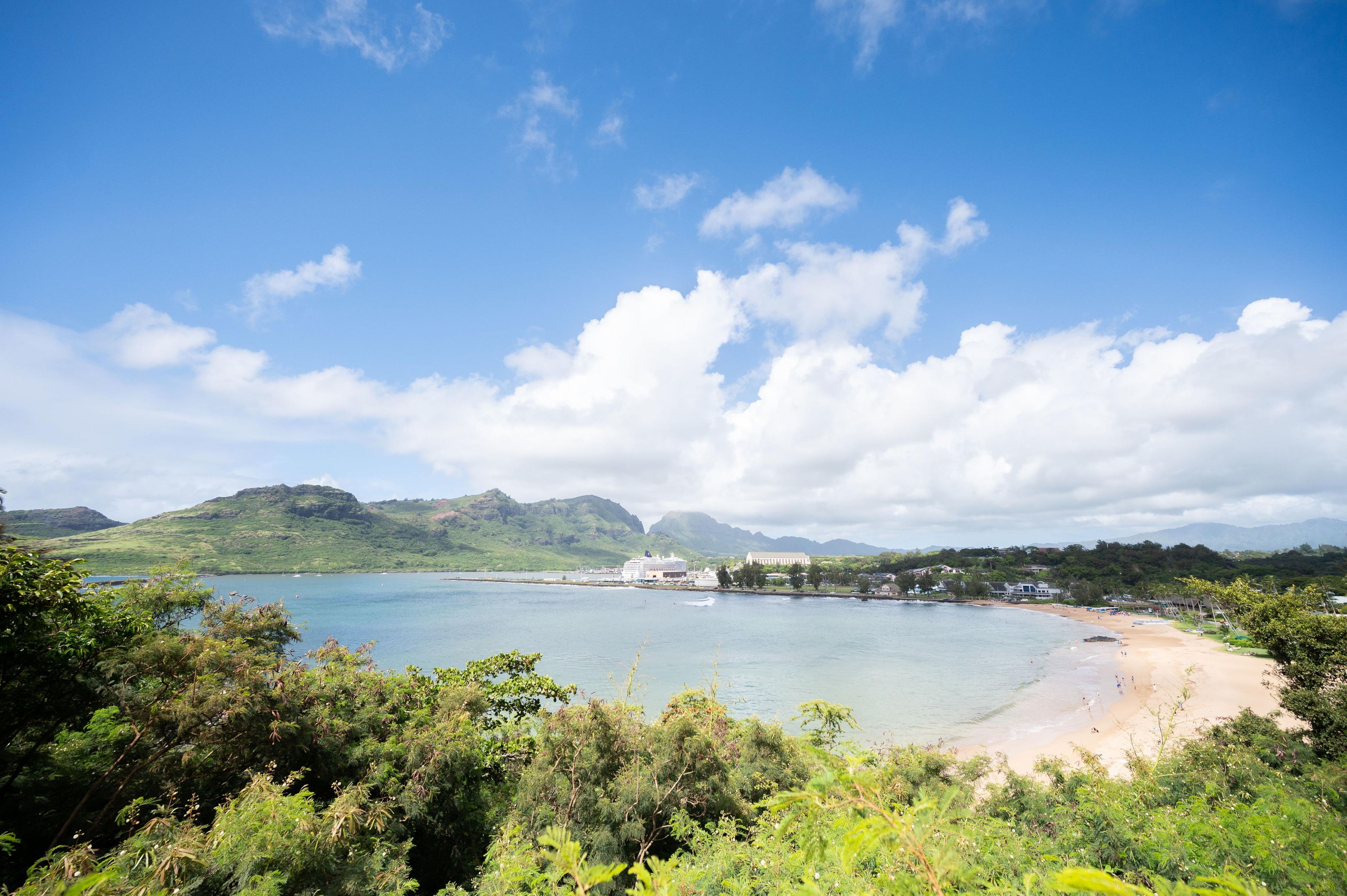 A coastal landscape with a beach, mountains, and a cruise ship docked at a port.