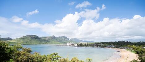 A coastal landscape with a beach, mountains, and a cruise ship docked at a port.