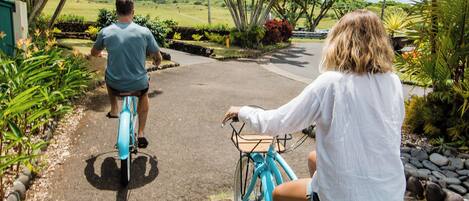 Two individuals riding bicycles on a paved path surrounded by greenery and palm trees.