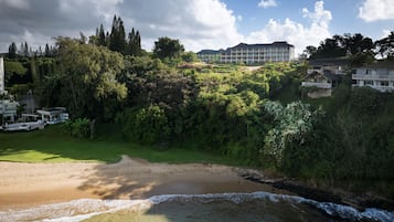 A coastal hotel with a beachfront view, lush greenery, and a clear sky.