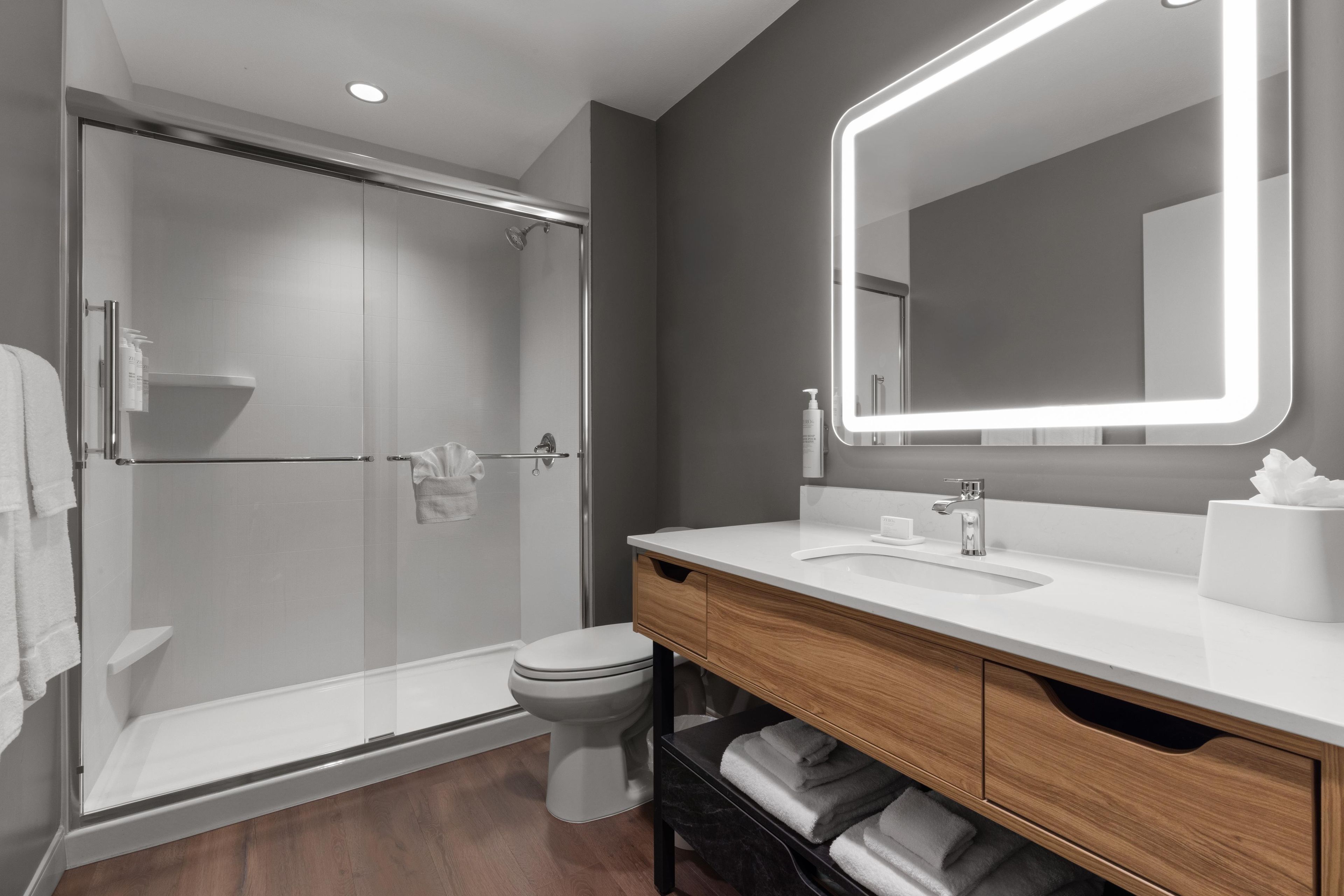 A modern bathroom with a glass-enclosed shower, a toilet, a vanity with a mirror, and a towel rack.