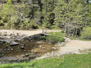 A wooden bridge over a rocky stream in a forested area.