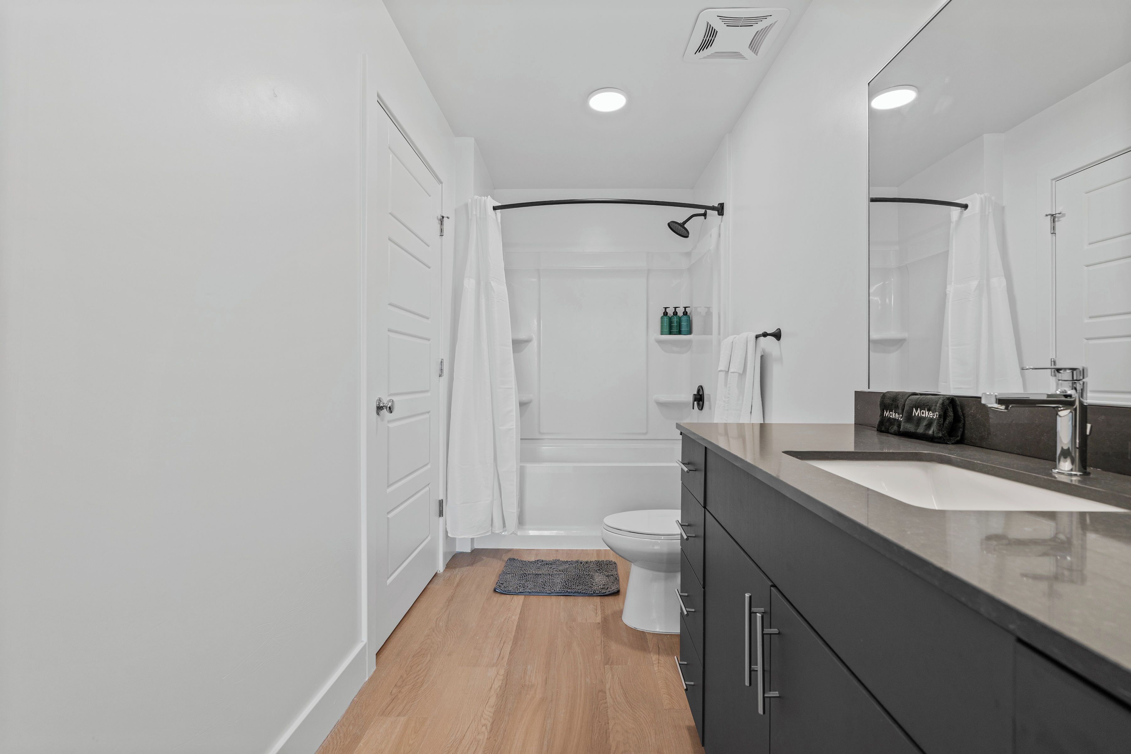 A modern bathroom with a white toilet, a bathtub, a shower, a vanity with a sink, and a mirror.
