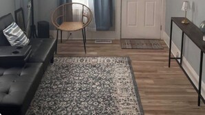 A living room with a dark sofa, a patterned rug, a chair, a coat rack, and a door with a light switch. - Cozy and fully furnished (Savannah)