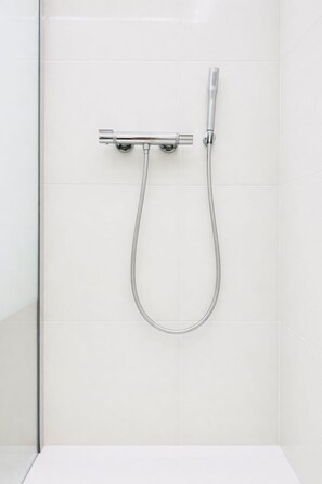 Shower, eco-friendly toiletries, hair dryer, towels