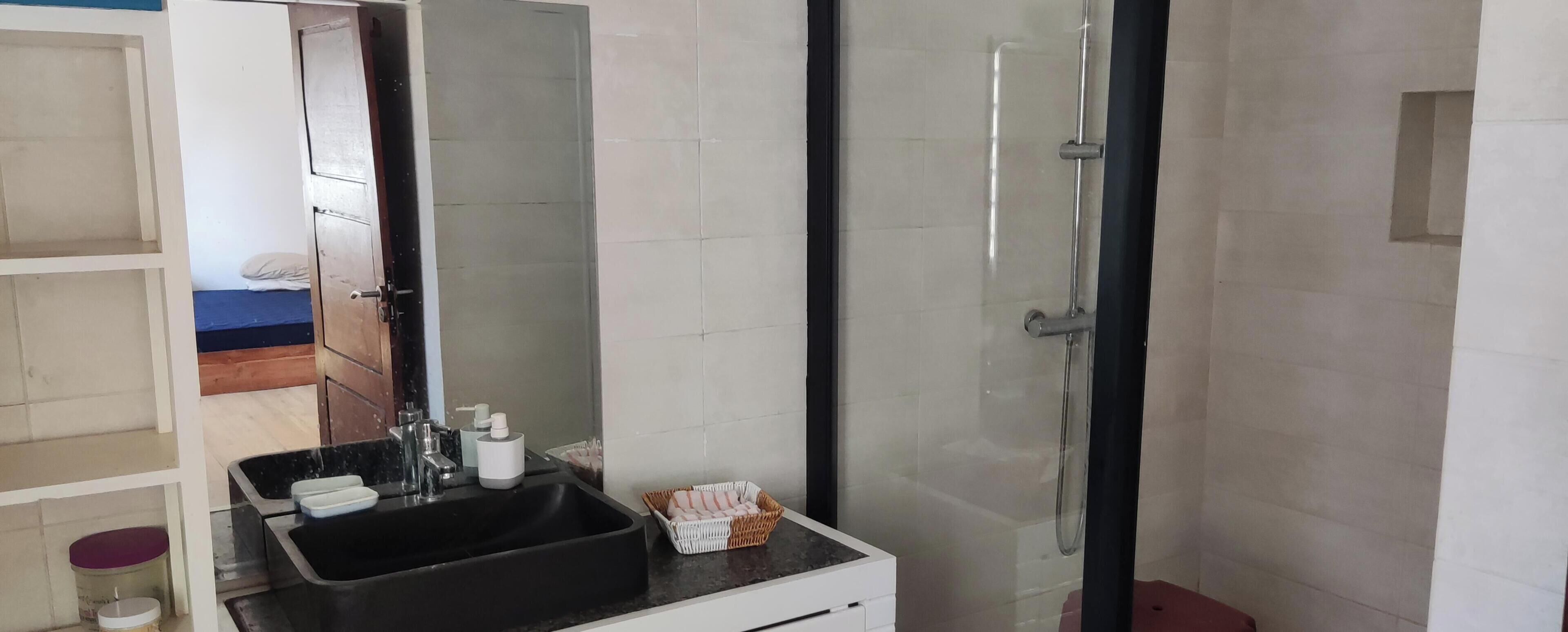 Shower, towels, soap, toilet paper