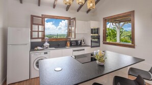 Una cucina moderna con isola centrale, elettrodomestici integrati e ampie finestre che si affacciano sul verde.