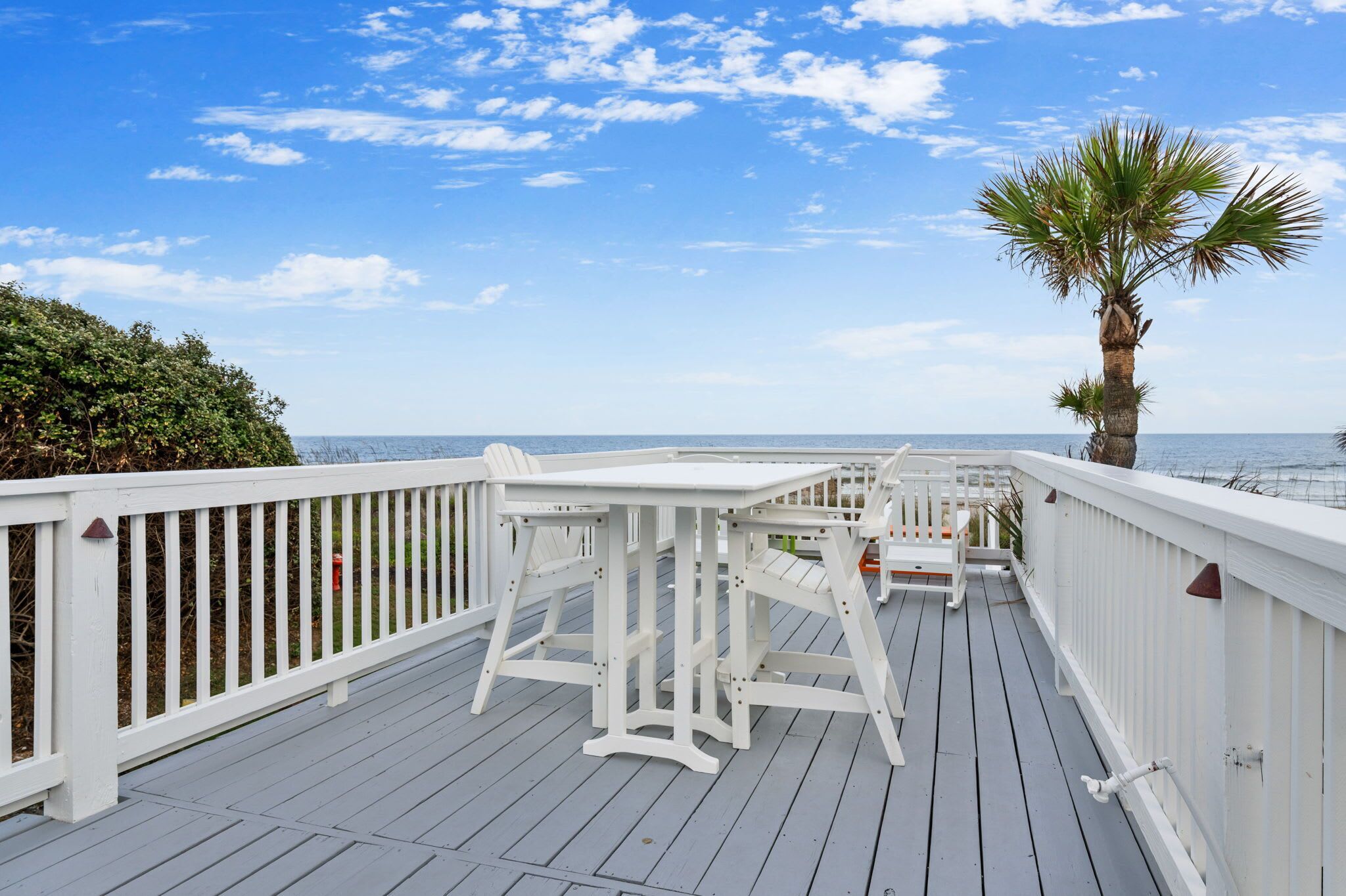 A wooden deck with white railings, a palm tree, and a view of the ocean.