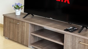En platt-TV placerad på ett TV-bord i trä, tillsammans med en fjärrkontroll och en blomkruka.