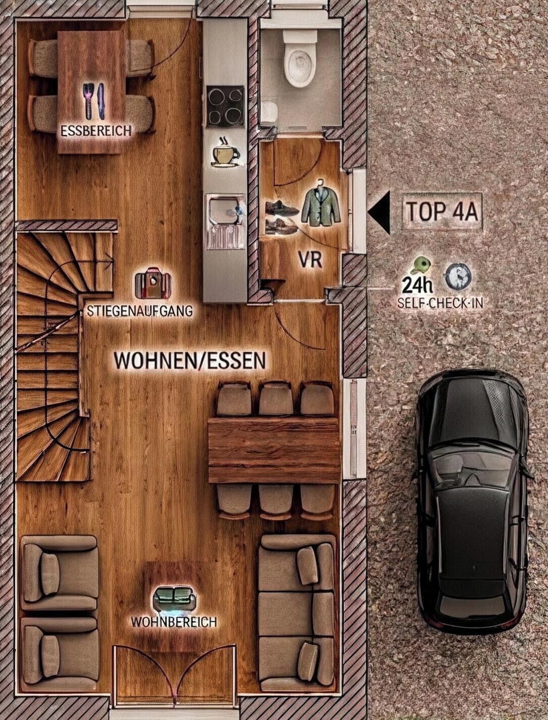 Distribución de un hotel con sala de estar, kitchenette, baño y plaza de aparcamiento.