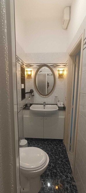 Un baño pequeño con lavamanos, espejo e inodoro.