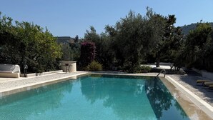 Une piscine aux eaux cristallines, accessible par des marches, entourée d’arbres et surplombée d’un ciel dégagé.