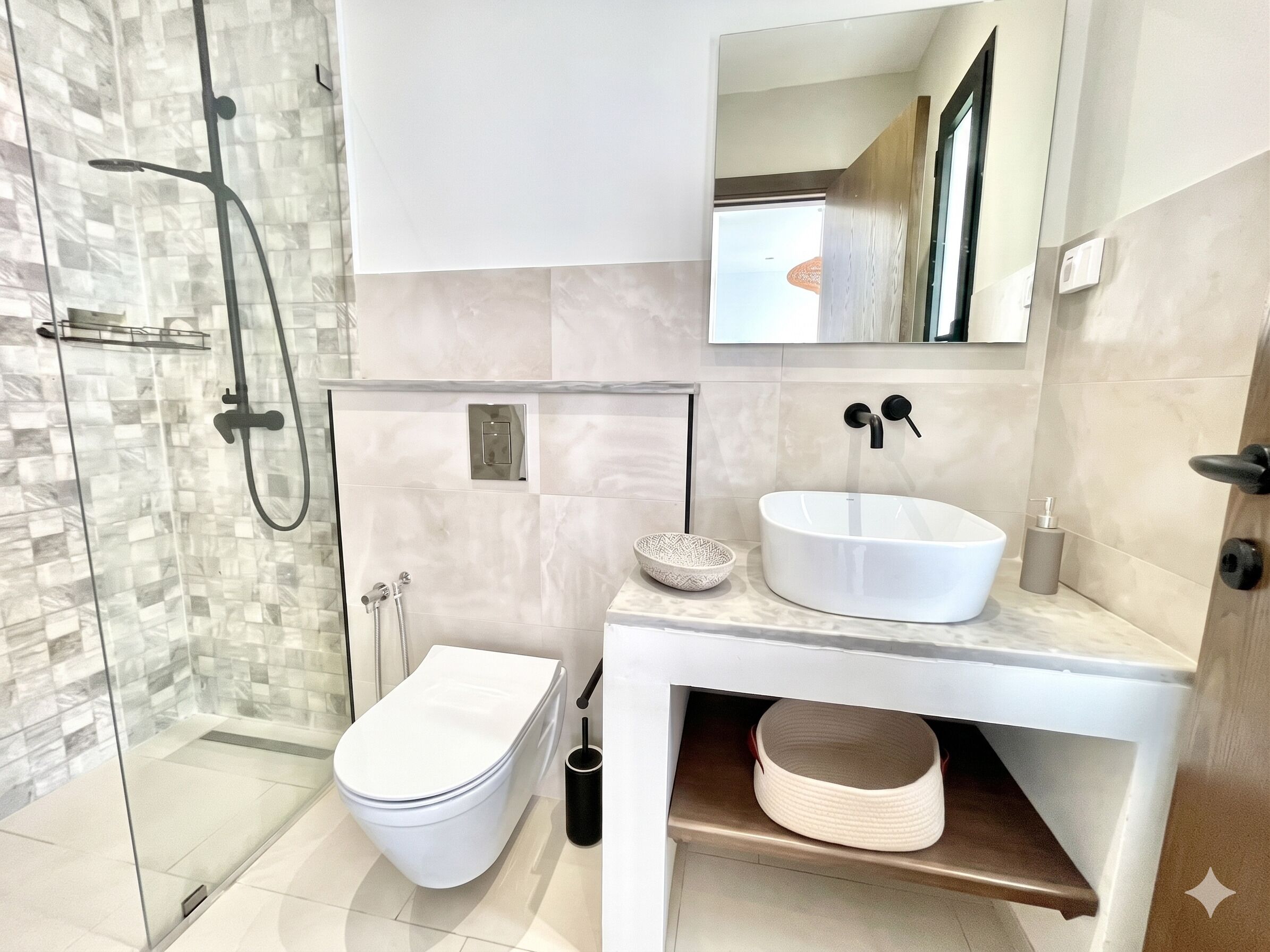 Hair dryer, towels, soap, toilet paper