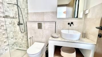 Hair dryer, towels, soap, toilet paper
