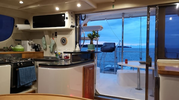 A galley with a stove, oven, and sink, a small table with a plant, and a view of the sea through a glass door.