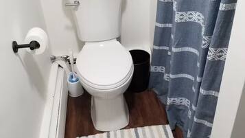 Ein Badezimmer mit Toilette, einem kleinen Mülleimer, einem weißen Heizkörper, einem Streifen Teppich und einem blauen, gemusterten Duschvorhang.