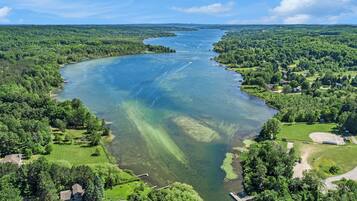 An aerial view of a river surrounded by dense forests and residential areas.